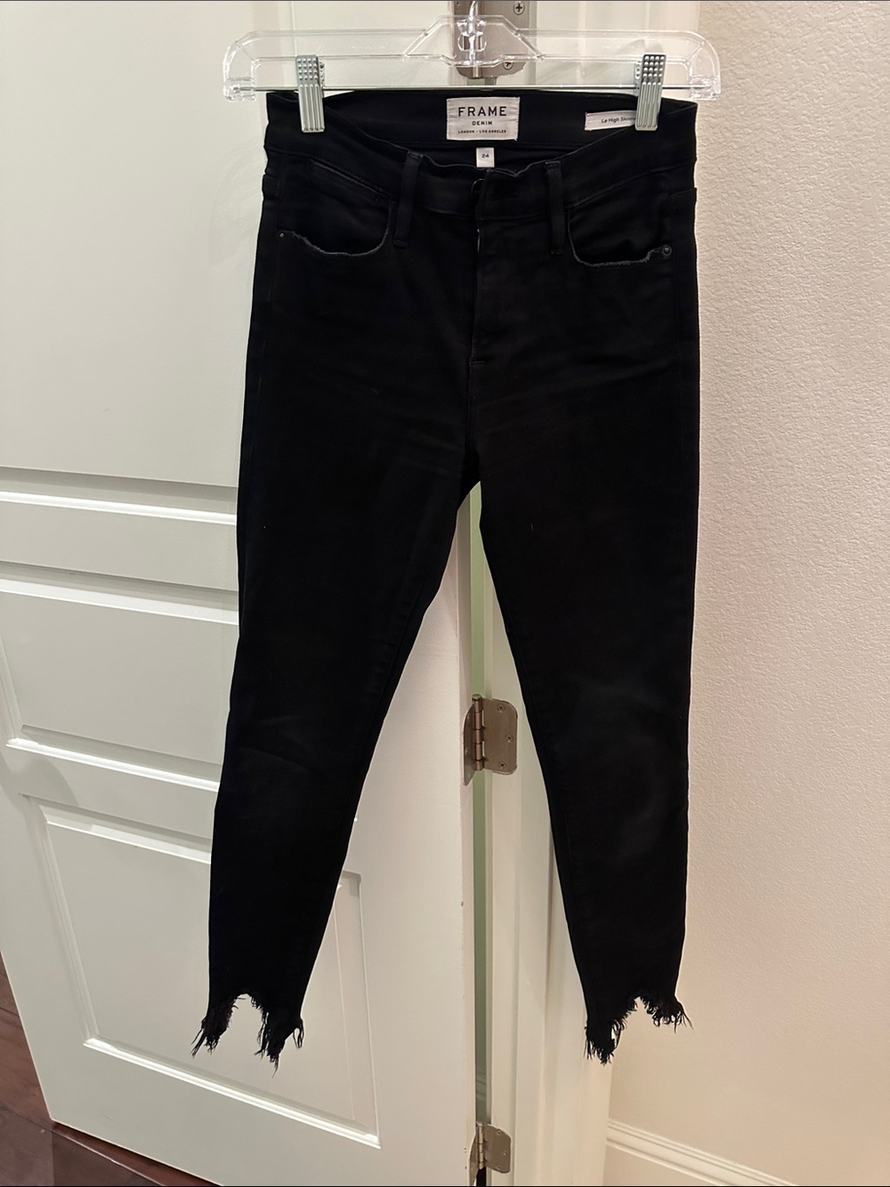 Frame Denim Black Ankle Crop Jeans with Distressed Hem
